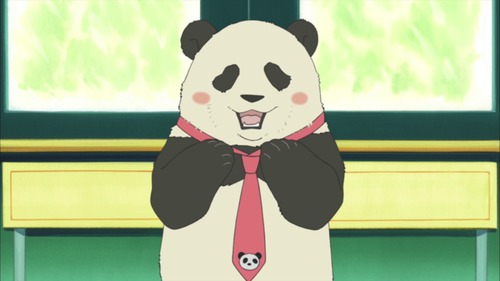 A cartoon panda proudly wearing a necktie